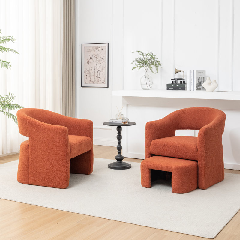 Torrence Upholstered Barrel Chair With Ottoman, Orange Faux Fur