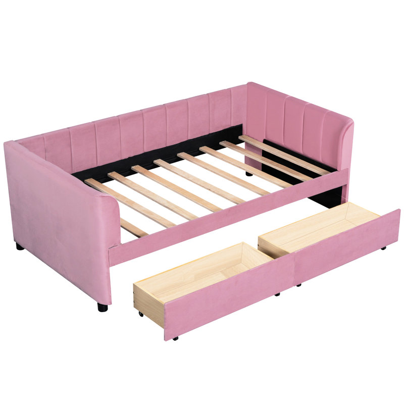 Twin Daybed In Pink With Ergonomic Design And 2 Spacious Drawers - Home Essentials Size Back For Peaceful Bedroom Tranquility