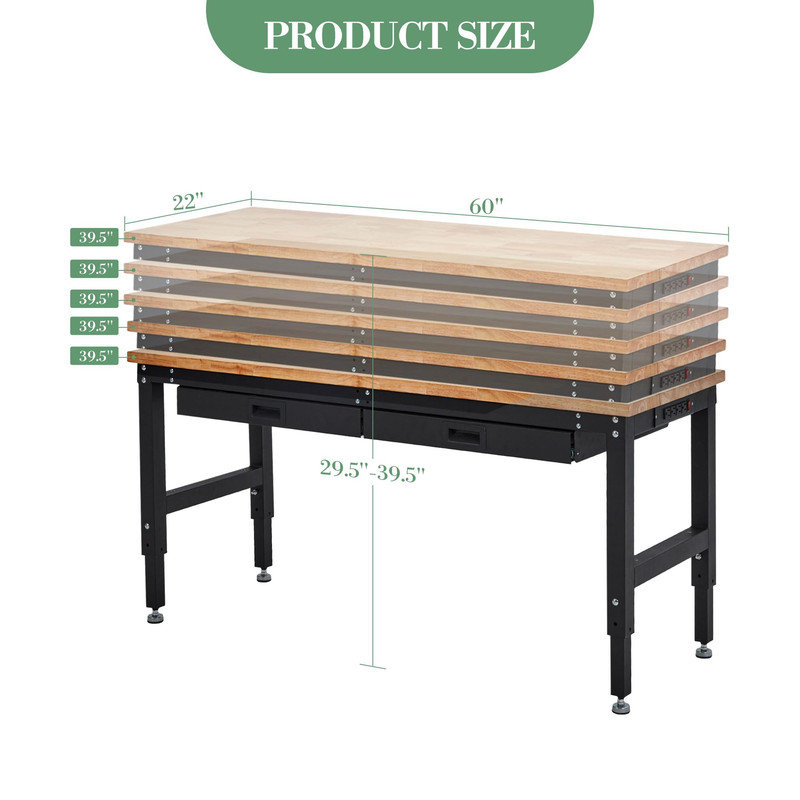 Établi à hauteur réglable de 60 pouces avec plateau en bois d'hévéa, panneau perforé, tiroirs, prises de courant et roulettes verrouillables - capacité de 2000 lb pour le garage, l'atelier ou le bureau personnel