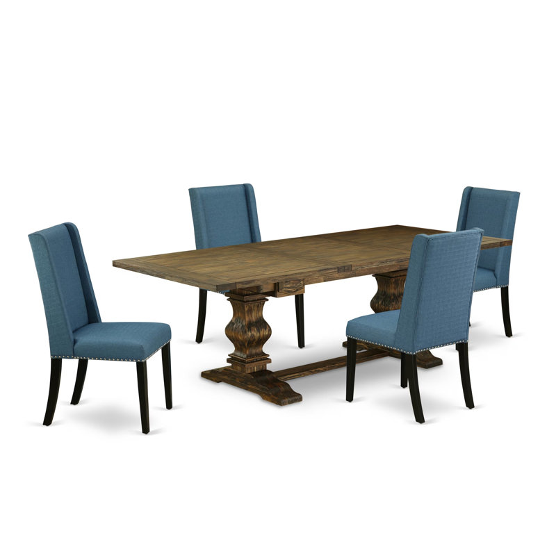 L'ensemble de table de salle à manger 5 pièces comprend une table de cuisine rectangulaire avec rallonge amovible et 4 chaises de salle à manger Parson en tissu bleu, jacobine vieilli