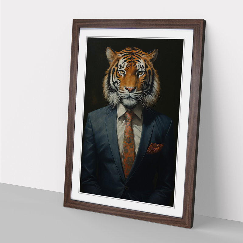 Tiger In A Suit Painting - Single Picture Frame Print on Wood, Walnut, 34cm H x 25cm W x 2cm D