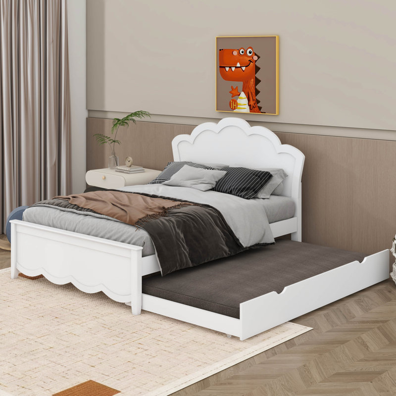 Lit plateforme simple en bois avec tête de lit et lit gigogne, Double, Blanc
