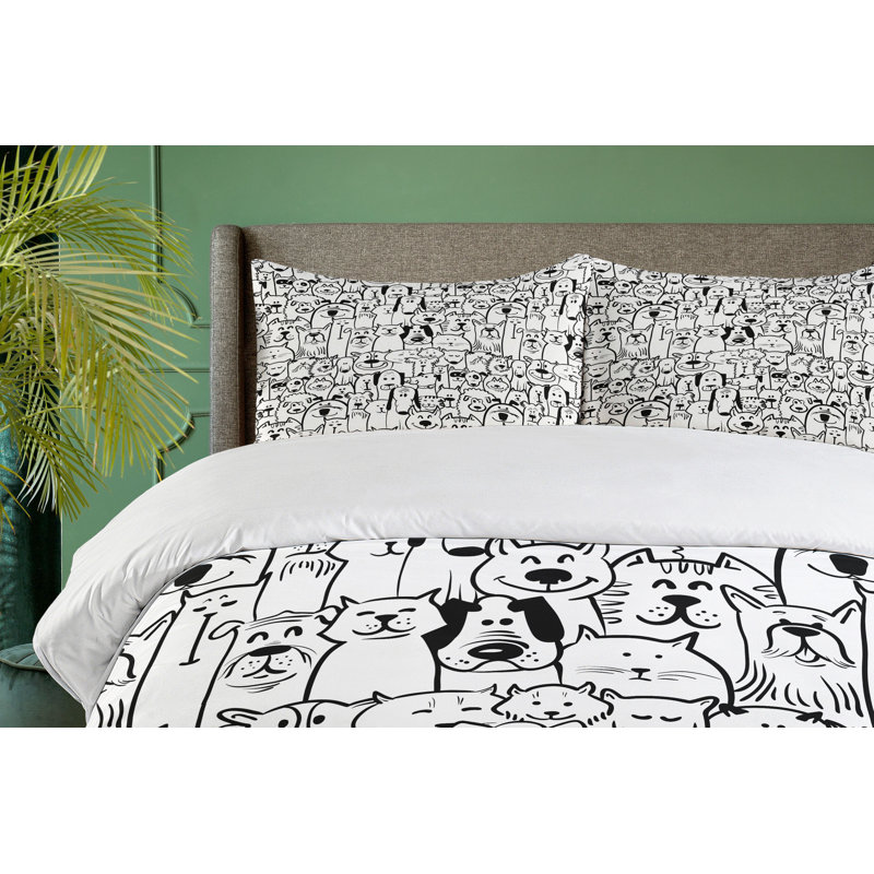 Queen Size Black and White Cartoon Pet Duvet Cover Set