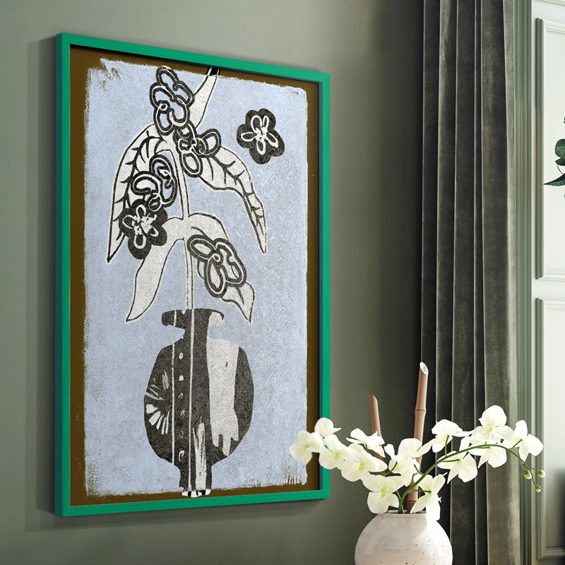 Fleurs graphiques dans un vase IV, reproduction encadrée - bois massif, Vert, H 10 po x l 8 po