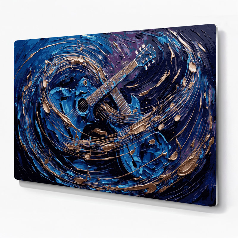 Art mural en métal bleu, guitare et musique, H 11 po x l 14 po