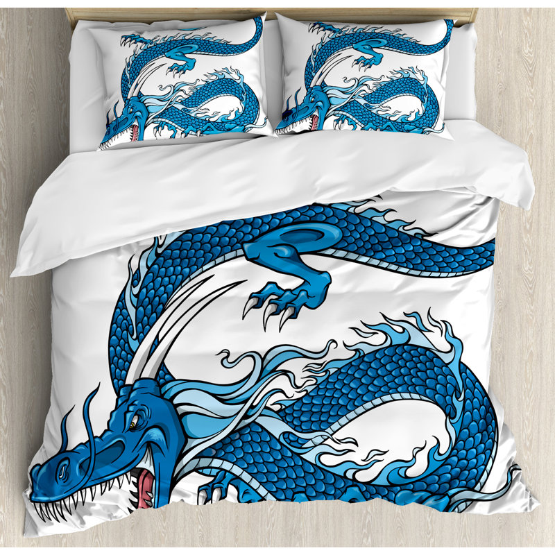Blue Dragon Print Queen Duvet Cover Set with Pillow Shams