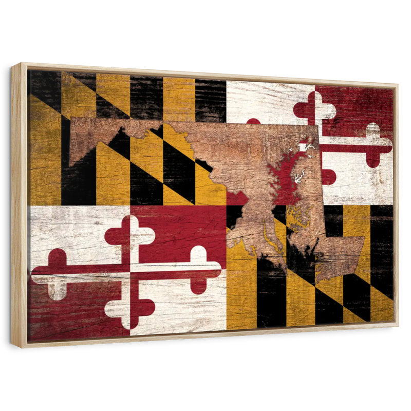Carte d'État sur le drapeau du Maryland, Cadre flottant en bois naturel, 37 po x 25 po