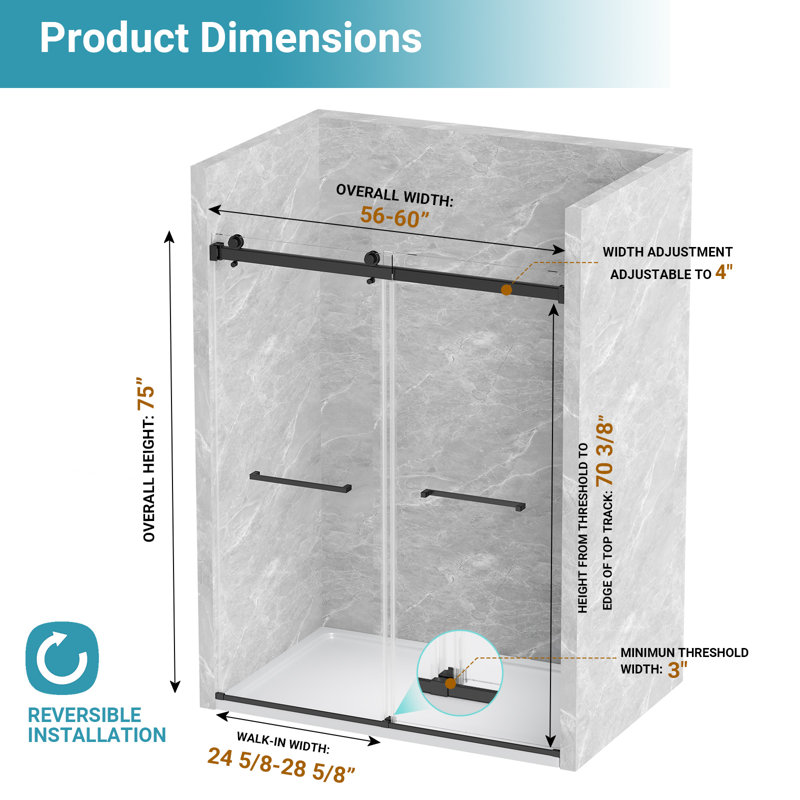 56"-60" W X 75" H Double Sliding Frameless Shower Door with 5/16-in (8mm) Tempered Glass, Stainless Steel Accessories