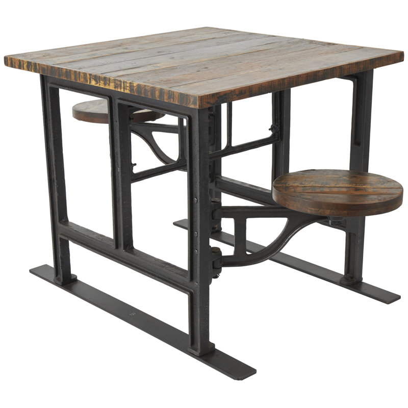 Teak Wood Dining Table with Attached Seats, Bronzed, Black, 31.13" H x 35" W x 42" L