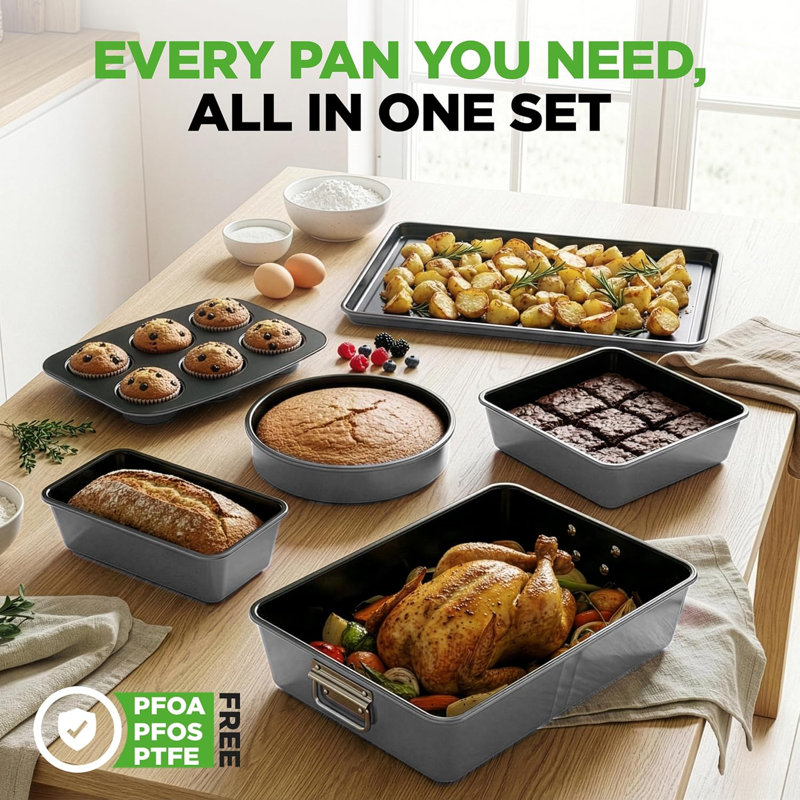 Nutrichef 8-Piece Nonstick Stackable Bakeware Set - PFOA, PFOS, PTFE Free Baking Tray Set W/Non-Stick Coating, 450°F Oven Safe, Round Cake, Loaf, Muffin, Wide/Square Pans, Cookie Sheet (Gray)