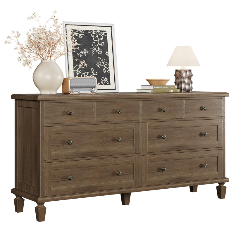 59" Wide Vintage 8 Drawer Wood Dresser with Carved Handles & Tapered Legs for Bedroom, Light Brown