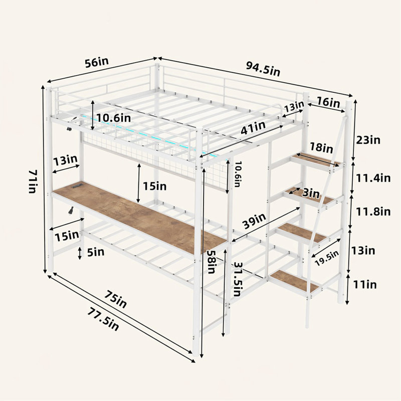 Lit superposé double en métal avec bureau intégré et éclairage à DEL - conception loft peu encombrante pour enfants et adolescents, structure robuste, assemblage facile, pour les chambres à coucher et les dortoirs - blanc