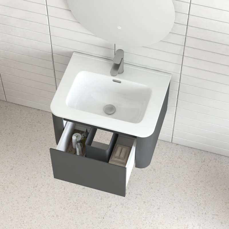 24-Inch Wall Mounted Bathroom Vanity In Grey, Featuring White Ceramic Integrated Basin, 45 Angled Handle, Soft-Close Drawer, Waterproof Structure, Ample Storage For Toiletries, American Style, Easy