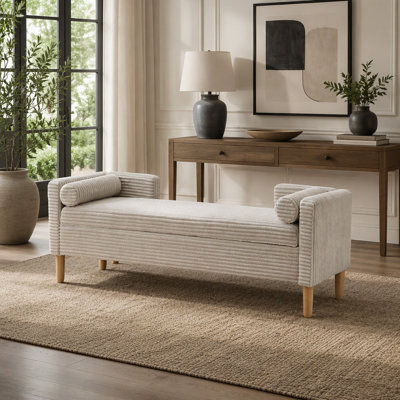 Banc de rangement 64,7 po en velours côtelé gris clair avec accoudoirs et pieds en bois massif brun pour le salon de la chambre à coucher