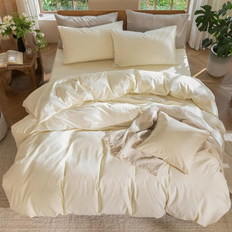 Ensemble de housse de couette texturée en lin crème délavé, très confortable et doux, très grand (104 po x 90 po), Crème