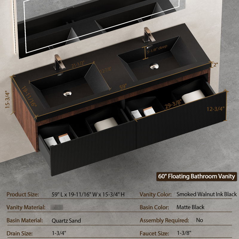 Meuble-lavabo flottant 60 po avec lavabos à double cuve en quartz, armoire de rangement rayée, tiroirs à fermeture en douceur, finition noyer fumé, glissières silencieuses à tiroir à texture ondulée, lavabos noirs Scratch, entièrement