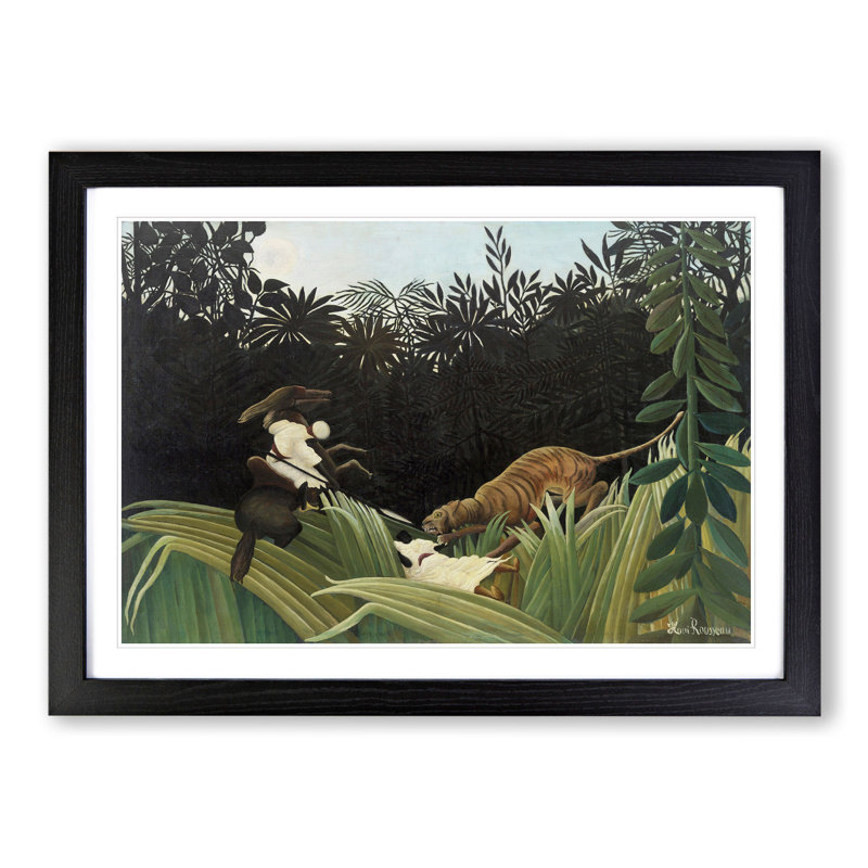 Scouts Attacked by a Tiger by Henri Rousseau - Picture Frame Painting, 48cm H x 65cm W x 2cm D, Black Framed