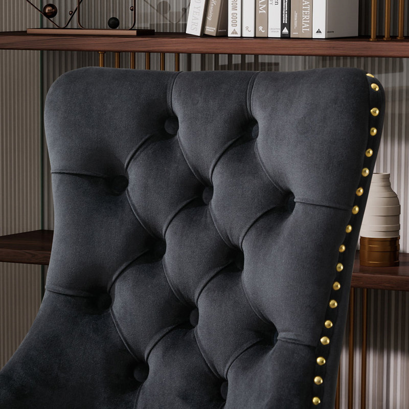 Chenille Upholstered Tufted Button Office Chair with Chrome Metal Base,Adjustable Desk Chair Swivel Office Chair, Gold, Black
