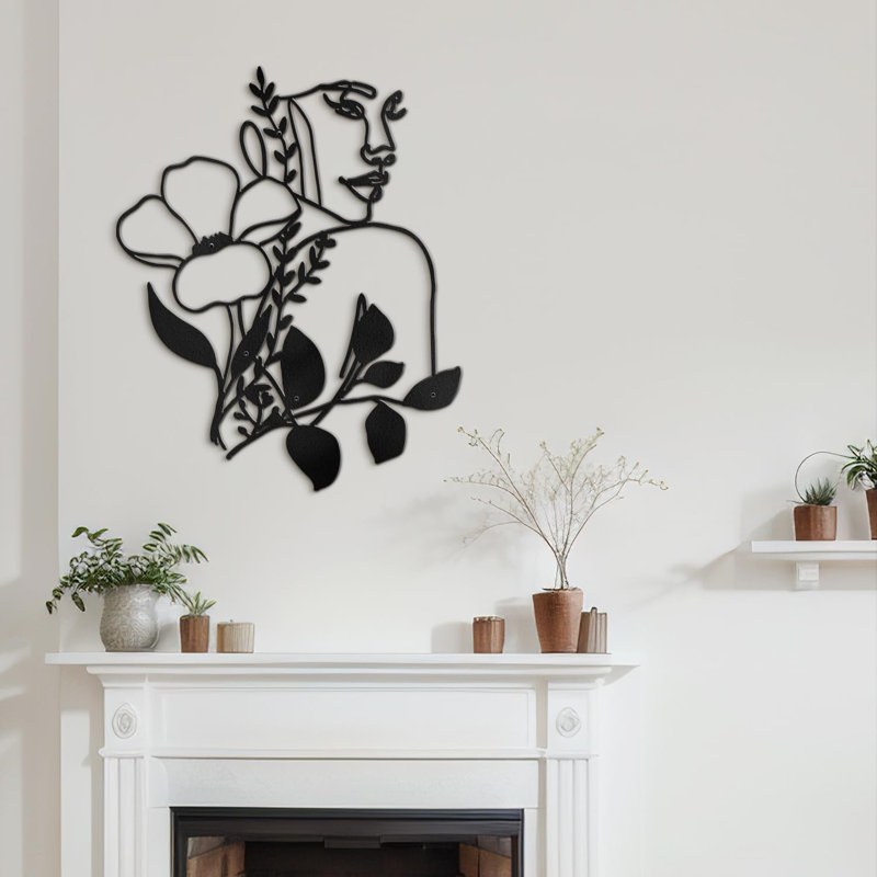 «Woman's Profile with Blooms», décoration murale abstraite moderne, décoration murale suspendue, Noir