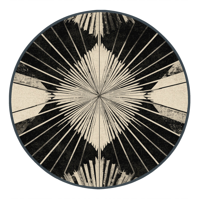 Tapis doux et moelleux Eberhard Art Deco Starburst en noir - reliure noire, Rond 4 pi