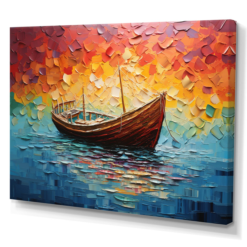 Coucher de soleil orange sur un bateau à voile II - bateau de pêche, art mural, Toile tendue, H 16 po x l 32 po x P 1 po