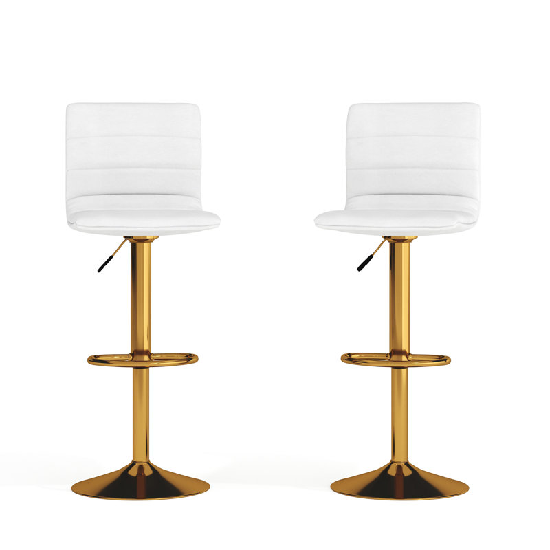Ben Modern Vinyl Adjustable Height Barstool with Horizontal Stitch Back, Gold, White