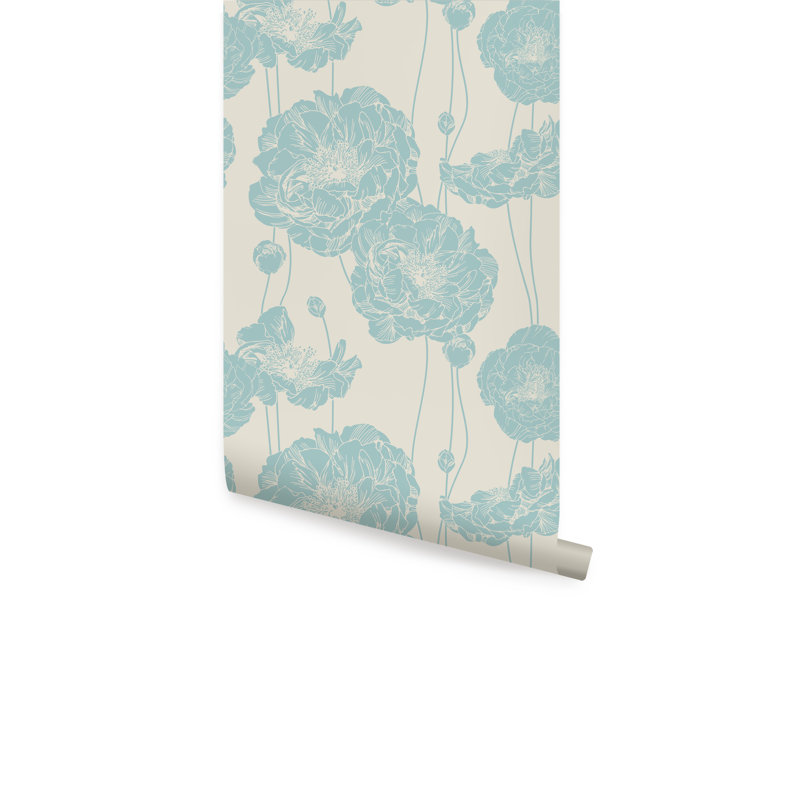 Rouleau de papier peint adhésif L 18 pi x l 24 po Latundra Peony, Bleu menthe
