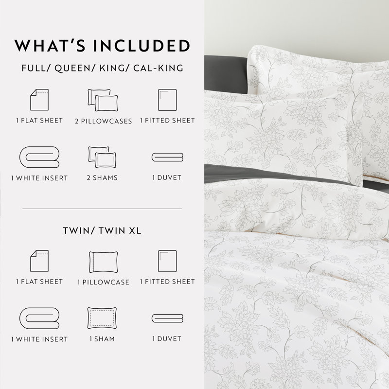 Twin Gray Floral Patterned Duvet Set with Down Alternative