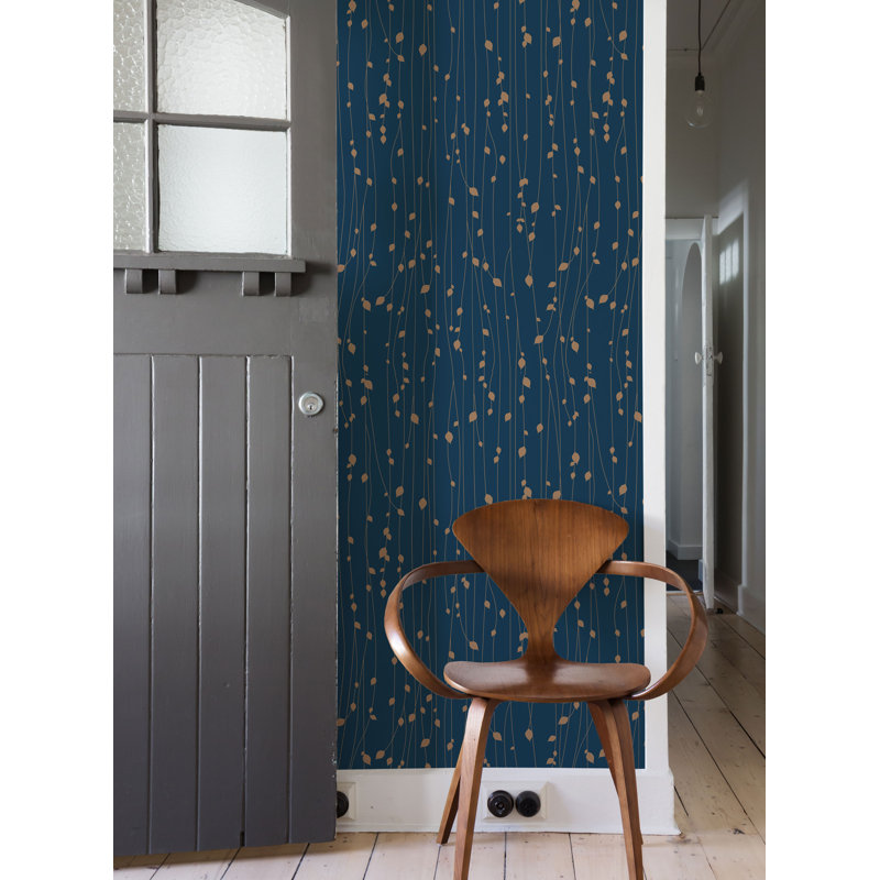 Panneau de papier peint à motif de feuilles Ulrey, Bleu marine, L 2 pi x H 18 pi