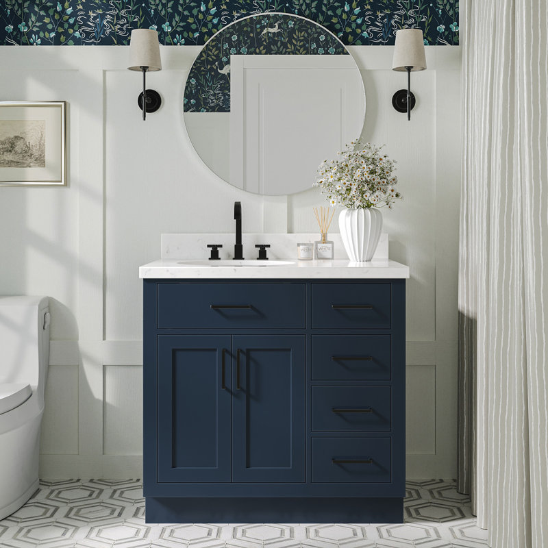 Meuble-lavabo simple en bois massif 36 po Tidworth avec plateau en quartz Carrara de 1,5 po, Gauche, Ovale, Bleu minuit