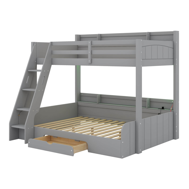 Lit superposé simple au-dessus de double avec tablettes de rangement, DEL et station de charge, cadre de lit superposé en bois avec tiroir