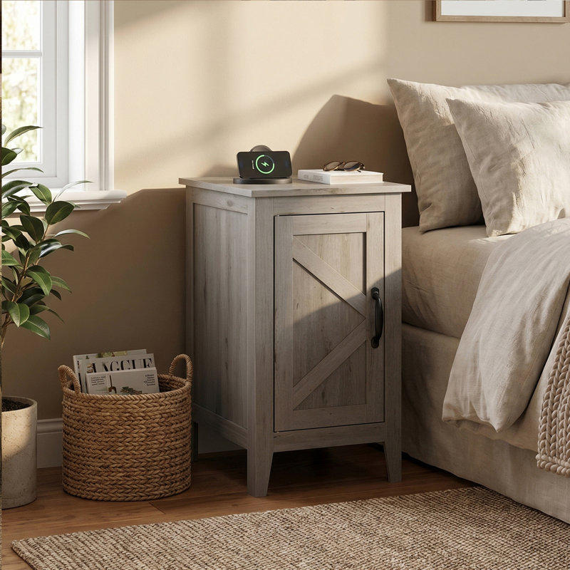 Table de bout avec station de charge, table de chevet étroite avec armoire de rangement,, Gris