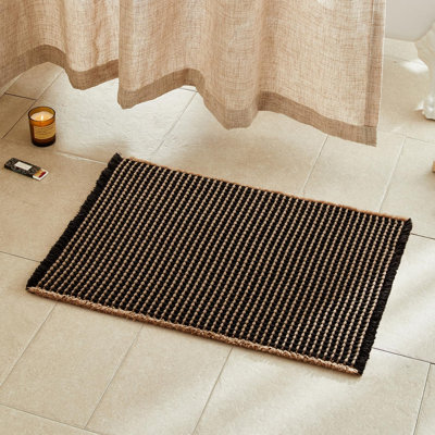 BULULOM Waffle Bath Mat, Boho Bathroom Rugs Non Slip Washable Super Absorbent Quick Dry Bath Mat Farmhouse Bathroom Decor, 20"x30" Khaki & Black