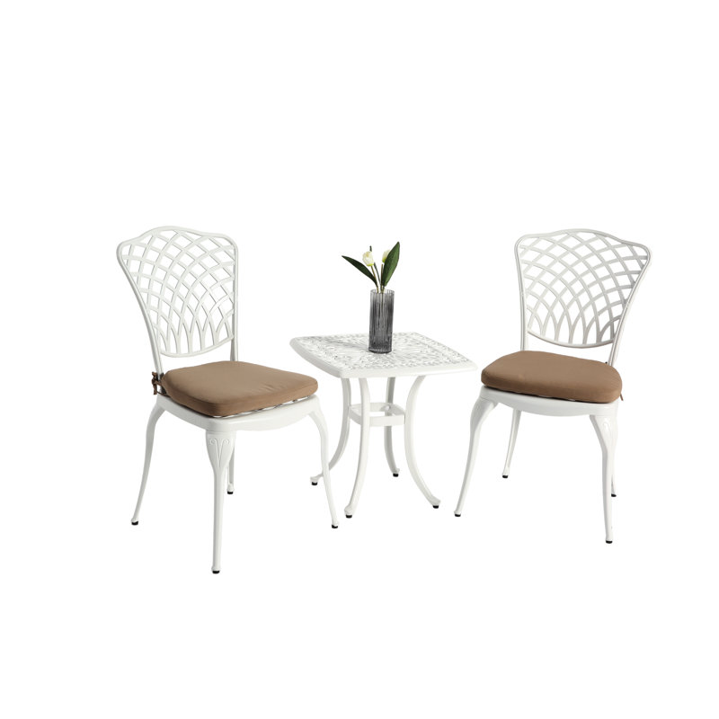 3 Piece Cast Aluminum Patio Bistro - 2 Chairs And 1 Round Table With Cushion In White For Outdoor Use Robust Construction, Easy Assembly Patio, Garden, Backyard Effortless