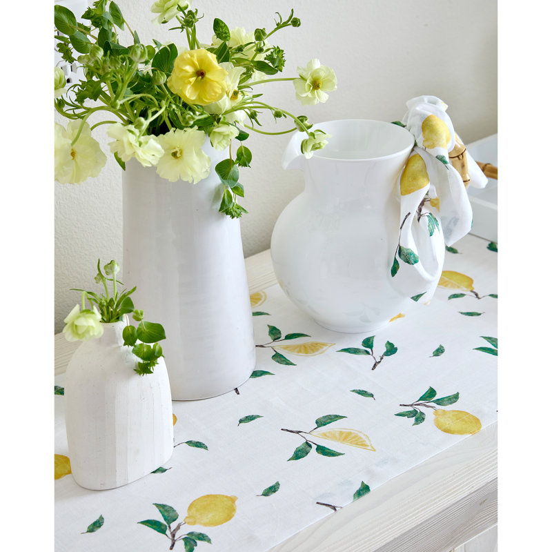 Botanical Lemon - 100% Pure Linen Table Runner, 48" x 14", Botanical Lemon/Off White
