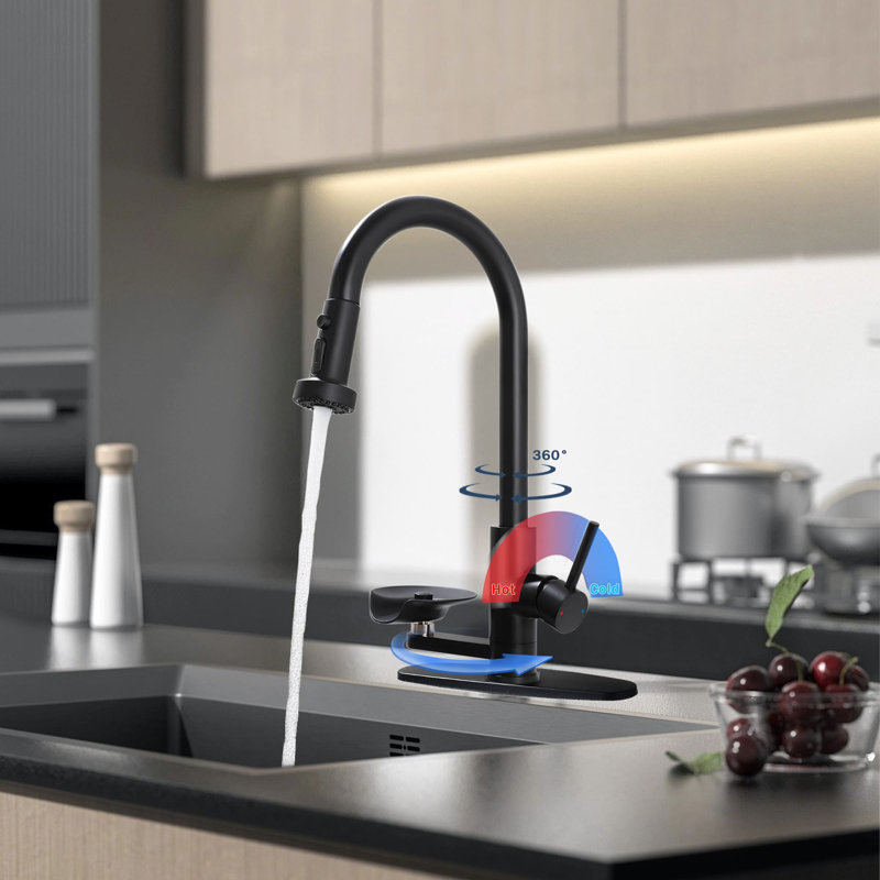 Single Hole Pull Out Kitchen Faucet With Glass Rinser Single Handle Kitchen Sink Faucets Stainless Steel Kitchen Basin Taps With Deck Plate