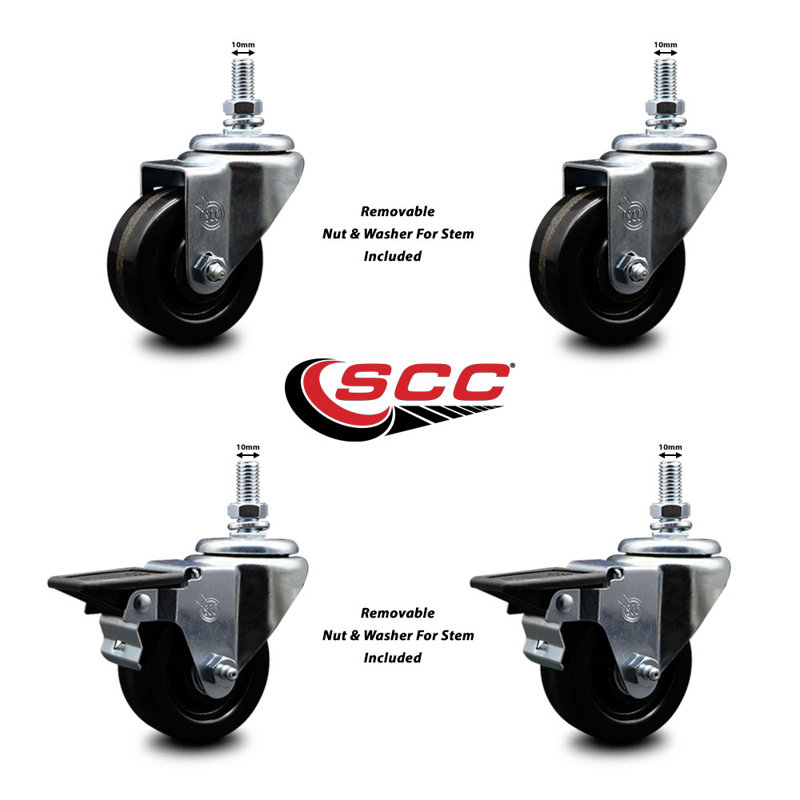 3 Inch Phenolic 10MM Threaded Stem Caster Set 2 Brakes SCC