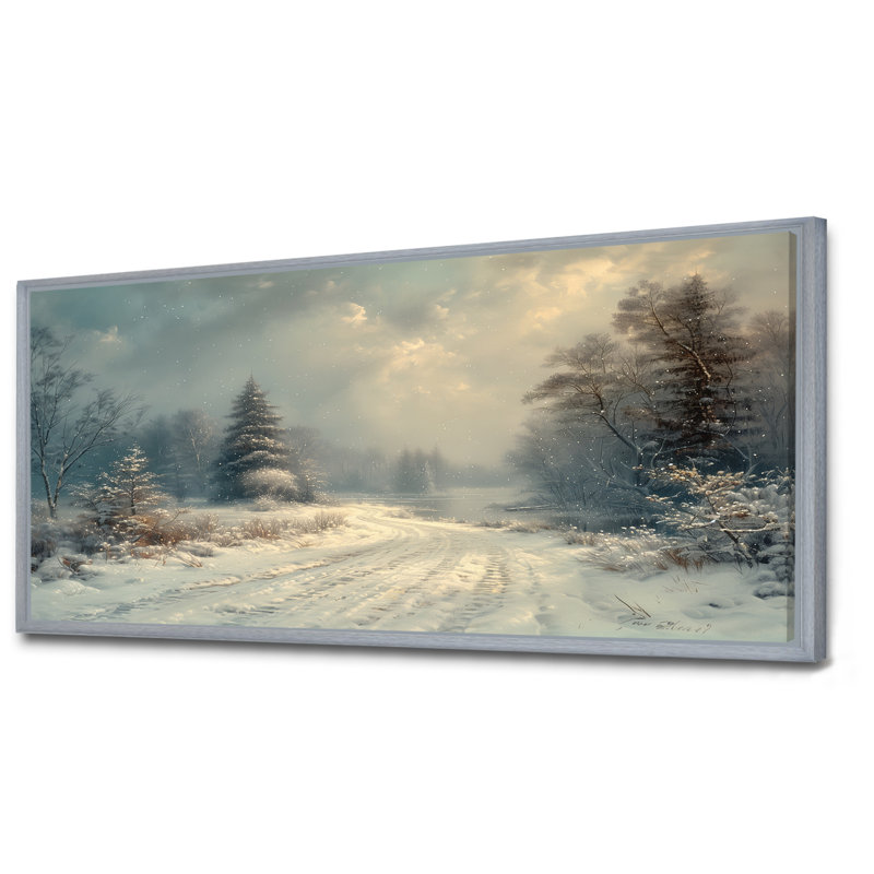 «White Grey Winter route into forest III - Winter Landscape», art mural sur toile, H 28 po x l 60 po, Encadrement argenté
