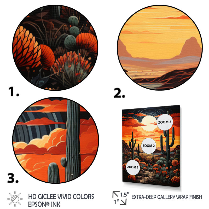 Ballyclare Orange Yellow Cactus Desert Sunset Saguaro - Print, Black Single Picture Framed, 32" H x 24" W x 1" D