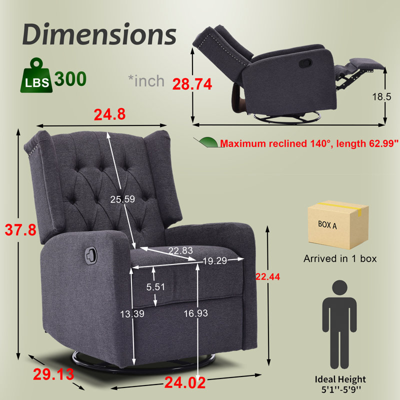 Chemika 24.02"W 360° Swivel Manual Recliner, Dark Gray