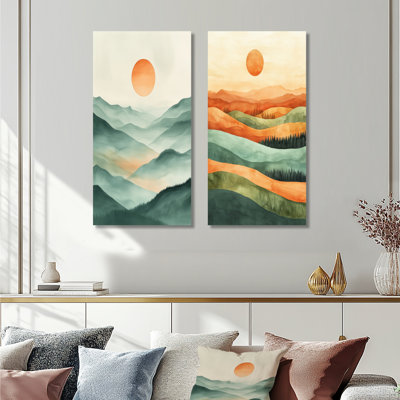 Coucher de soleil sur les collines ondulantes I - Ensemble de 2 tableaux muraux « Coucher de soleil »