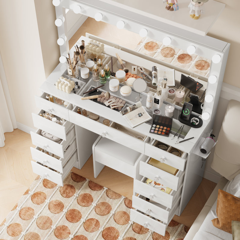 Greyden 11-Drawer Glass Top Vanity Set with Built-In Outlets, White