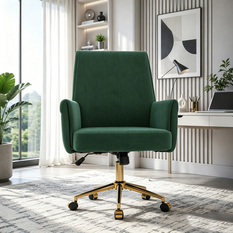Chaise de bureau ergonomique à dossier moyen avec base dorée luxueuse, Velours côtelé vert