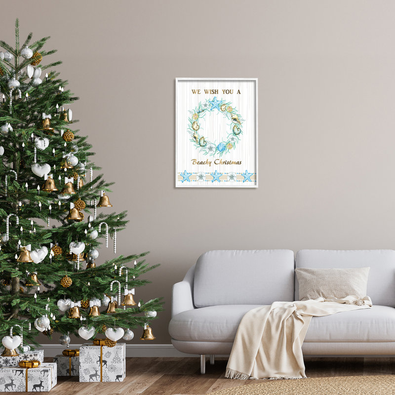 Beachy Christmas Sea Life Seashell Wreath, H 30 po x l 24 po x P 1,5 po, Giclée encadrée blanc bord de mer