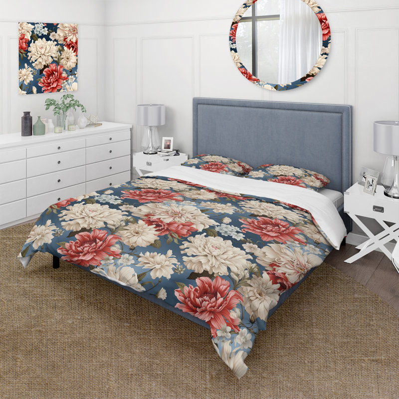 Motif floral rouge et blanc - Ensemble de housse de couette floral, Housse de couette simple + 1 taie décorative stan
