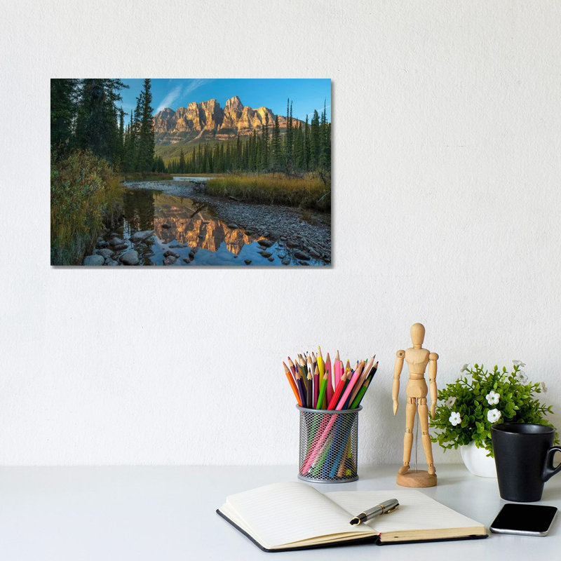 Castle Mountain Reflected In Athabasca River, Banff National Park, Alberta, Canada by Tim Fitzharris - Wrapped Canvas Print