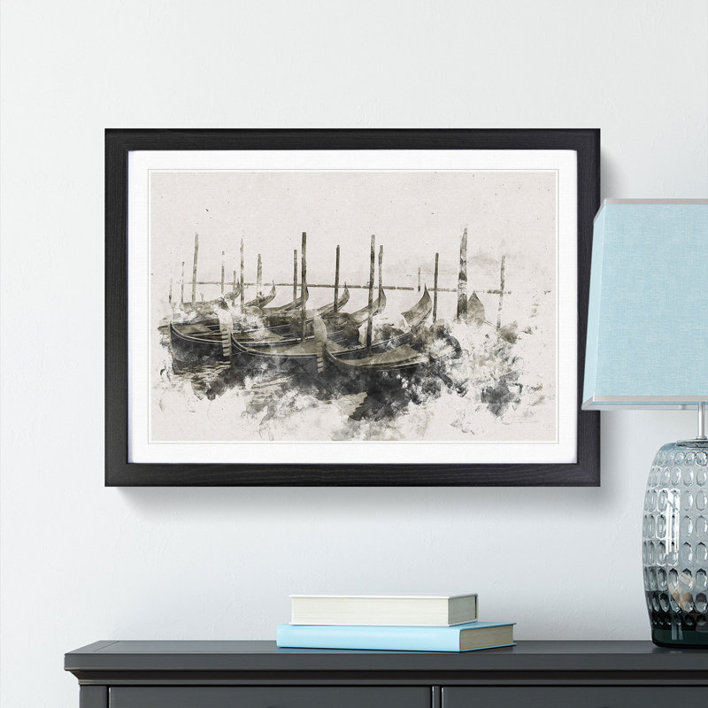 Docked Gondolas In Venice Italy - Picture Frame Painting, Black Framed, 62cm H x 87cm W x 2cm D