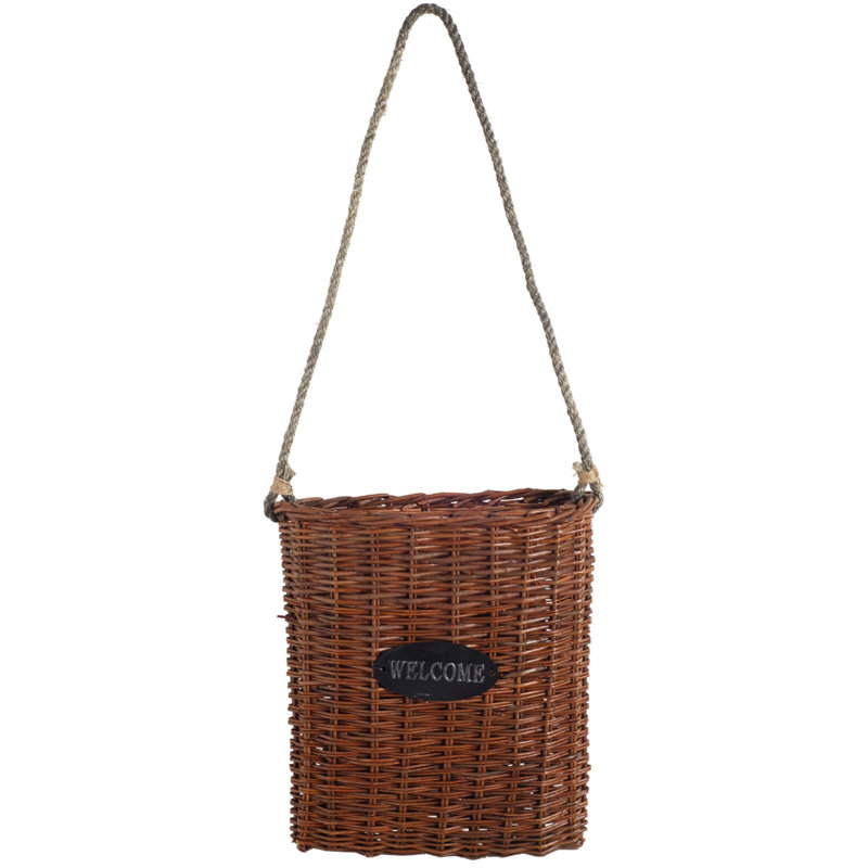 Panier en saule de 15 po brun rustique avec poignée en corde et enseigne «Welcome», panier mural de style champêtre français pour la cuisine, le vestibule ou le salon