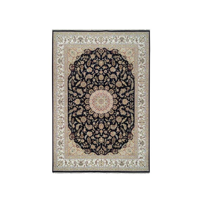 Tapis oriental rectangulaire en laine bleu noué à la main 9 pi 10 po x 14 pi 3 po - MOA10264744