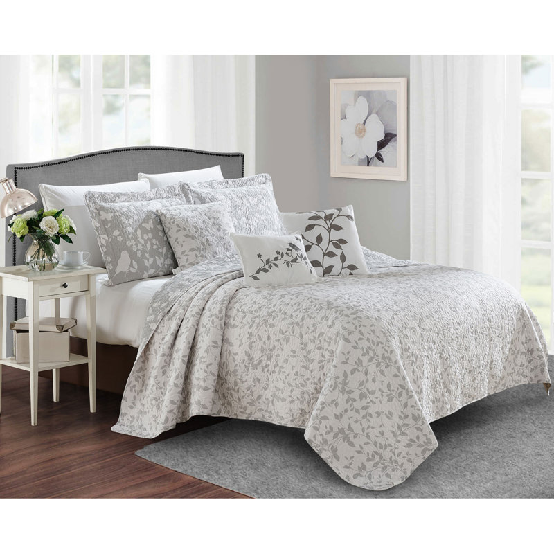 Gray and White Reversible Microfiber Queen Bedspread Set